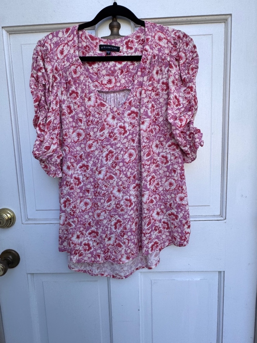 Gibsonlook Floral Blouse Women’s Small Pink Puff Sleeve Ruched Tie 100% Rayon